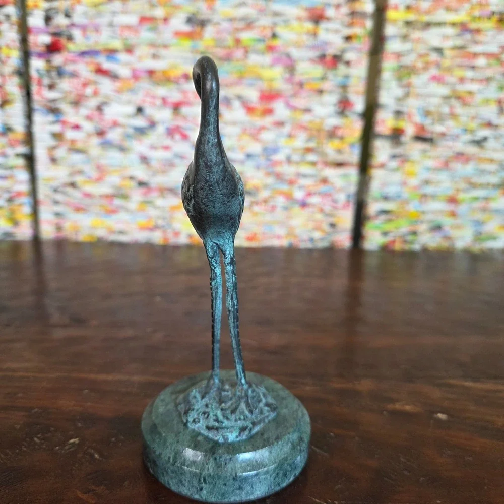 Vintage Bronze Heron Crane Figurine Sculpture on Green Marble Base Verdigris